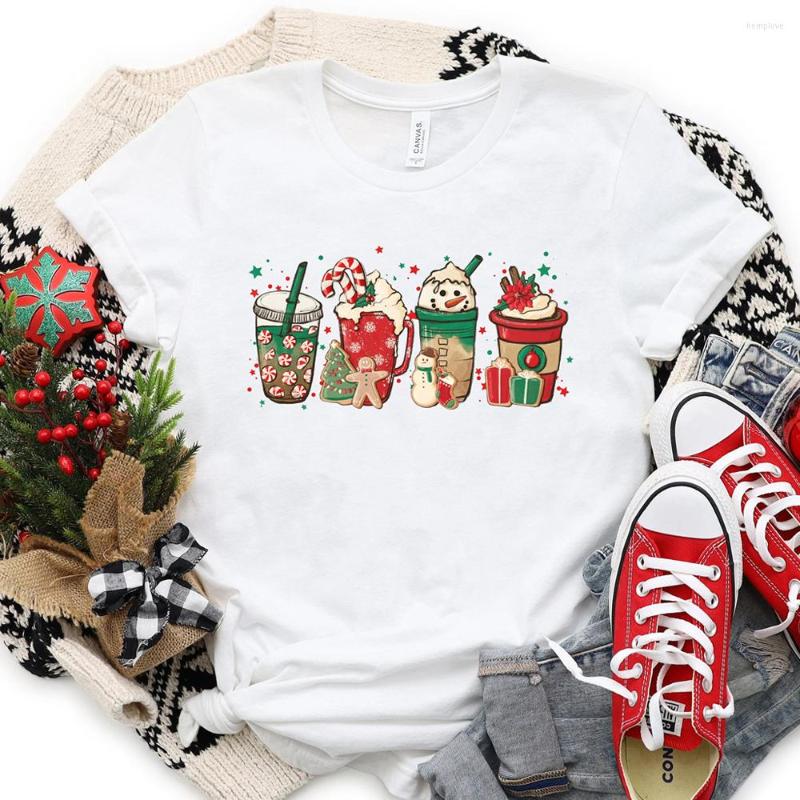 

Women' T Shirts Christmas Coffee Shirt Lover Gift Worker Winter Snowman Latte Graphic Cotton Tees, White
