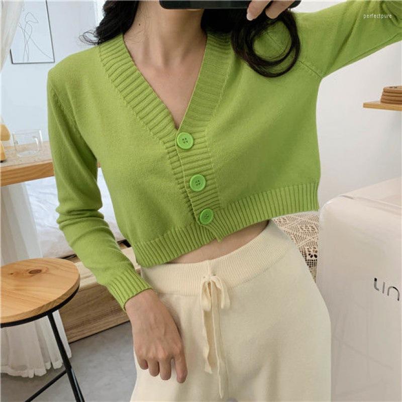 

Women's Knits Women Solid Short Cardigan Spring Autumn V-Neck Single Breasted Knitwear Sweaters Simple Slim Fit Female Knitted, Green