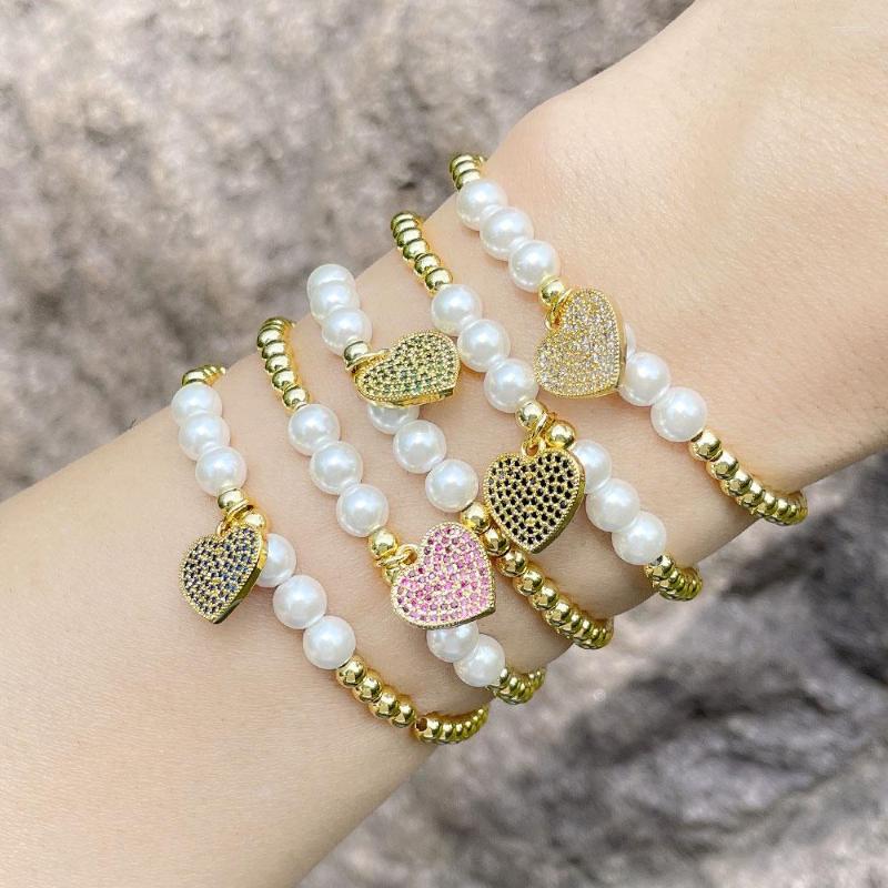 

Charm Bracelets Gold Color Beaded For Women Copper Zircon Heart White Pearl Elastic Wholesale Jewelry Brtg70