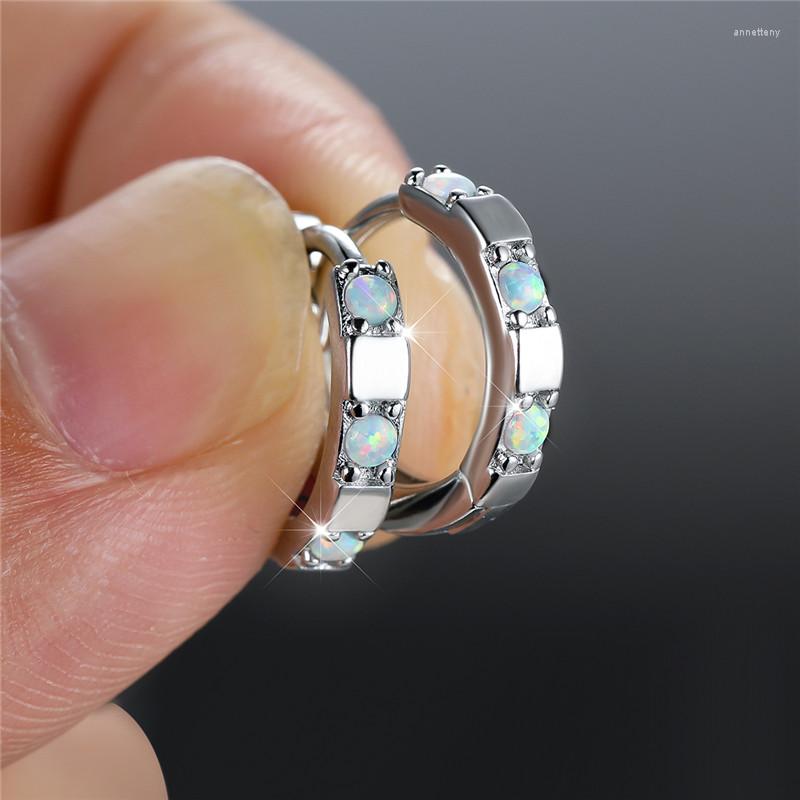 

Hoop Earrings Cute Female Small Round White Blue Opal Stone Trendy Silver Color Wedding For Women Tiny Jewelry