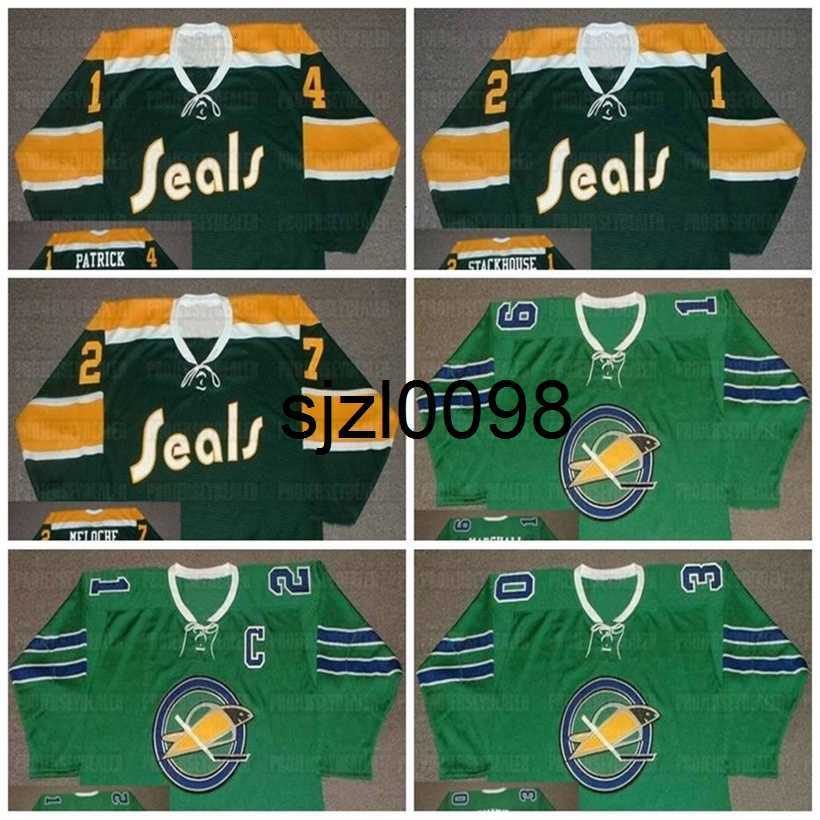 

Sj98 Seals Hockey Jersey 14 CRAIG PATRICK 1972 19 BERT MARSHALL 1968 21 BOBBY BAUN 1967 RON STACKHOUSE 1970 27 GILLES MELOCHE 30 GARY, 27 gilles meloche 1972 green