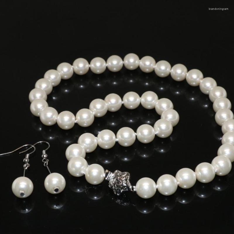 

Necklace Earrings Set Unique Design Fashion 10mm Cream White Round Simulated-pearl Shell Beadsd For Women Jewelry 18inch B2335, Picture shown
