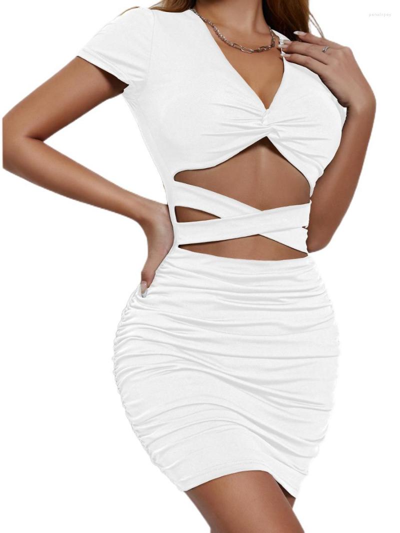 

Casual Dresses Women Bodycon Dress Short Sleeve V Neck Pleated Hollowed Solid Slim Fit Summer Mini Clubwear, Black