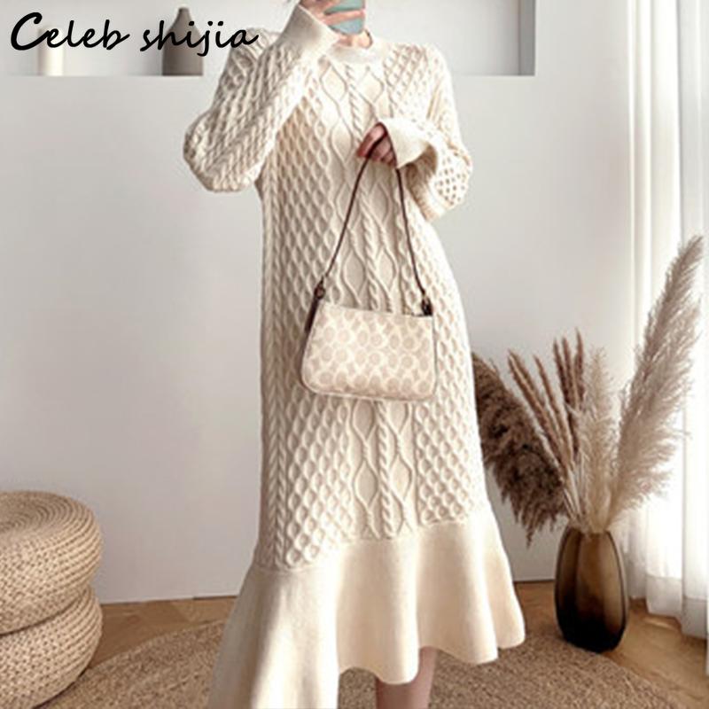 

Dresses Red Knitted Dress for Woman Winter 2023 Oneck Loose Long Sweater Mermaid Dresses Korean Autumn Elegant Twist Wool Clothing, Camel