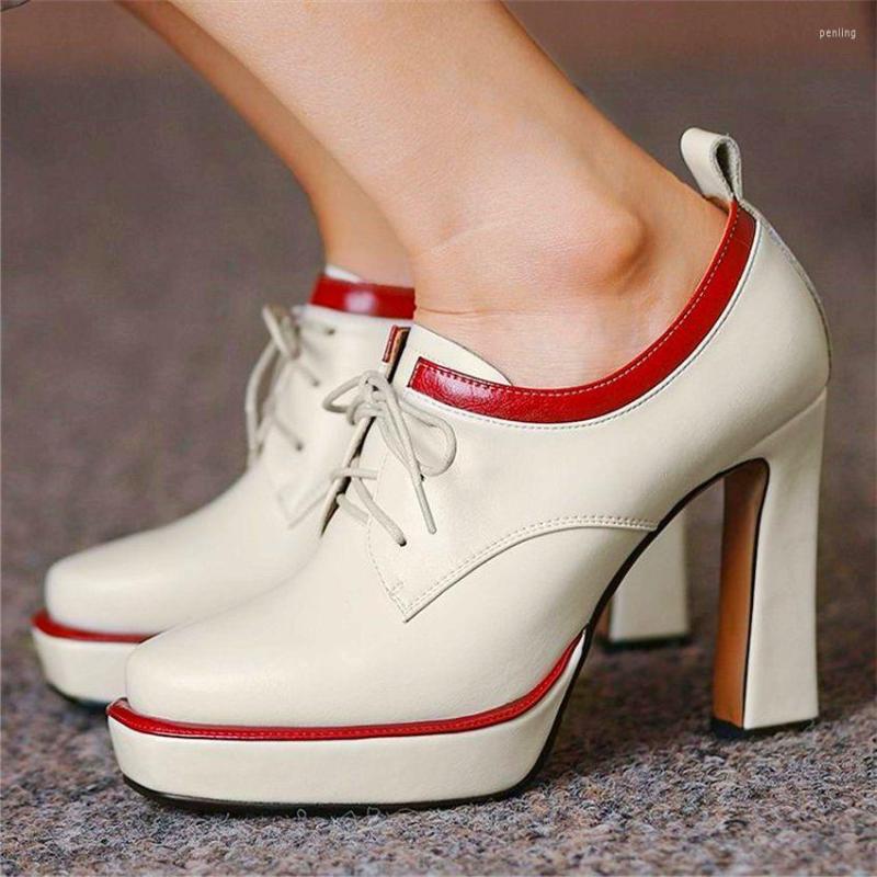 

Dress Shoes Thicken High Heels Women Genuine Leather Ankle Boots Platform Pumps Round Toe Block Wedding Nightclub 34 35 36 37 38 39, Beige