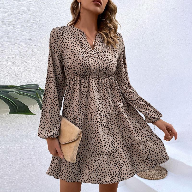 

Casual Dresses Women V-neck Leopard Print Long Sleeve Dress 2023 Spring Sexy Mini Party Elegant Fashion Chic Vestidos, Khaki
