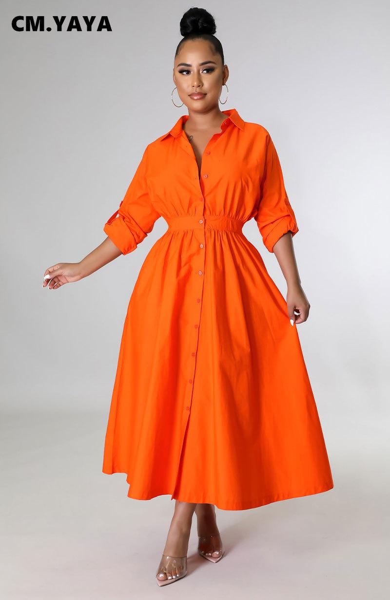 

Dresses Cm.yaya High Waist Tunic Big Swing Solid Elegant Maxi Dress for Women 2022 Summer Elegant Streetwear Shirt Long Dresses, Orange