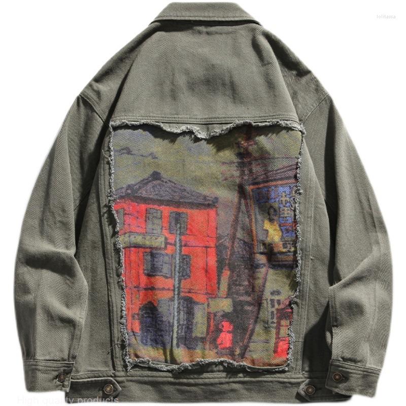 

Men's Jackets Retro House Print Patchwork Denim Streetwear Mens Hip Hop Harajuku Casual Jeans Jacket Coats Japanese Fashion Tops 2023, Khaki