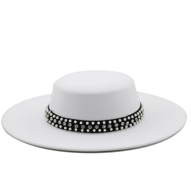 

Large Wide Brim Faux Wool Pork Pie Boater Flat Top Fedora Hat with Rivet Pearls Black White Party Panama Trilby Cowboy Cap7743009, Beige