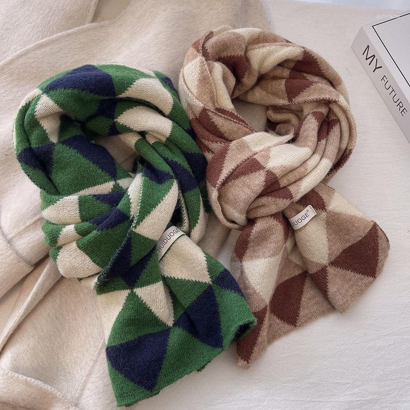 

Scarves Autumn And Winter 2023 Vintage Rhombic Knitted Woolen Women's Small Scarf Warmth Thickened Warm Wrapped With Cold Proof Shawl