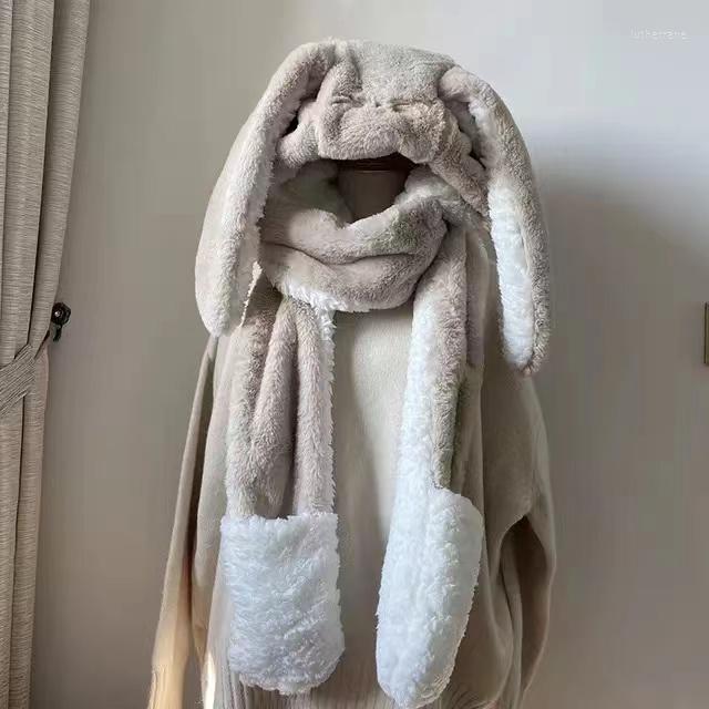 

Scarves 2023 Fashion Scarf Hat Glove 3 Piece Women Cute Big Ear Winter Warm Soft Thicken Pocket Hats Hooded Designer Bufandas