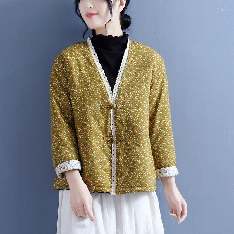 

Ethnic Clothing Women Vintage Linen Parkas V-Neck Print Floral Hanfu Button Coats 2023 Winter Chinese Style Warm 13048