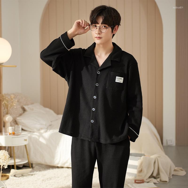 

Men's Sleepwear Fashion Autumn Men Pajamas Sets Winter Long Sleeve Pants Sleep Lounge Wear Lapel Waffle Cotton Nightie Home Clothing, Black