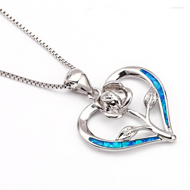 

Pendant Necklaces Cute Female Heart Flower Necklace Yellow Gold Silver Color Chain Vintage White Blue Opal For Women