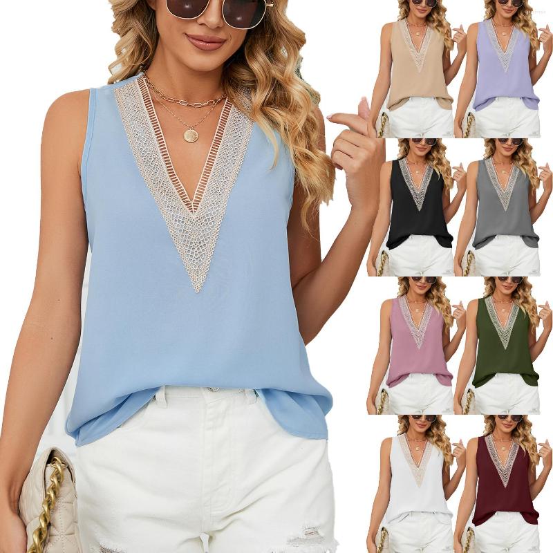 

Women's Tanks Elegant Women V-neck Hollow Out Blouse Summer Fashion Sleeveless Tops Ladies Loose Casual Vest, Pink