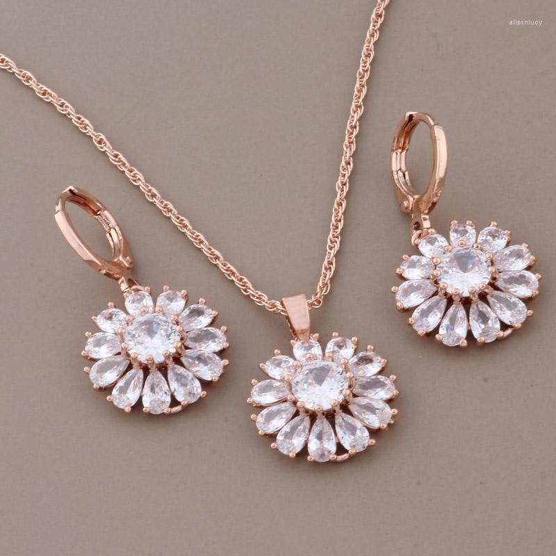 

Necklace Earrings Set Jewelry For Women 585 Rose Gold Color High Quality White Natural Zircon Hanging Luxury Elegant Women's Sets, Picture shown