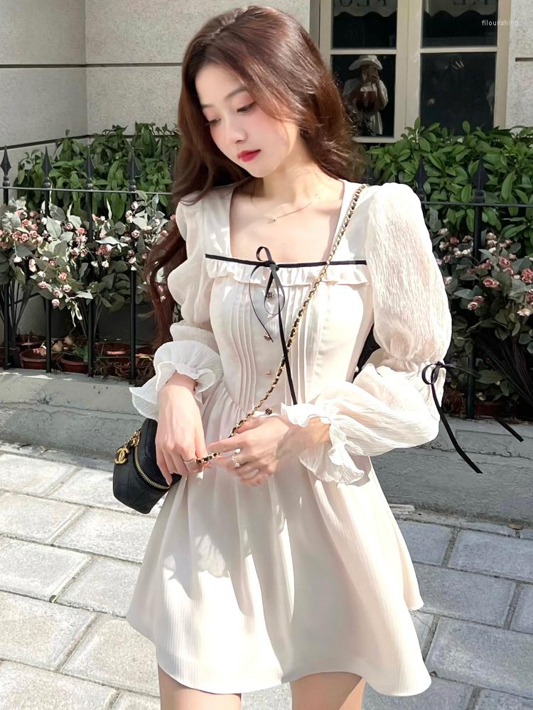 

Casual Dresses Lolita Bandage Mini Dress For Women Party Y2k Long Flare Sleeve Vintage One Piece Elegant Korea Fashion Autumn 2023, Beige
