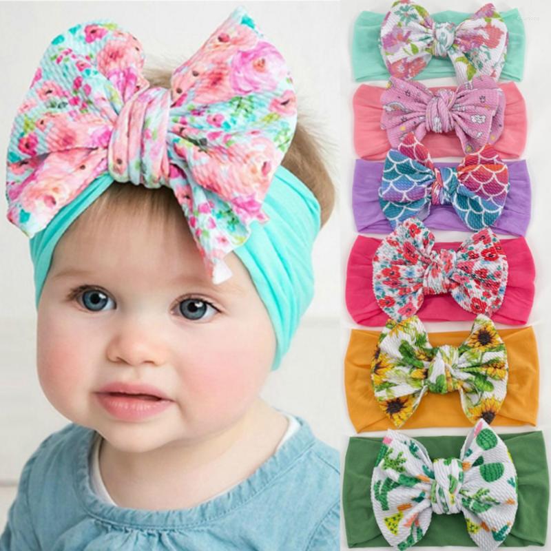

Hair Accessories Children's Big Bow Nylon Band Soft Elastic Adornment Baby Headband Printed Born Turban