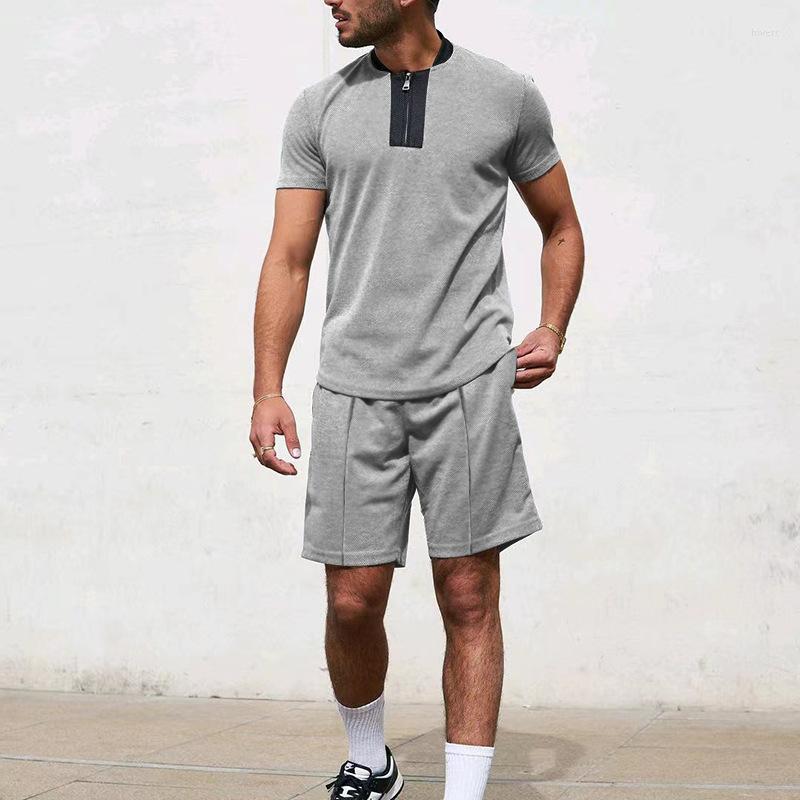 

Men's Tracksuits Waffle Splice Stand Neck Set Fashion Casual Half Zipper Short Sleeve Shorts Sports Men's 2023 Clothing, Gray