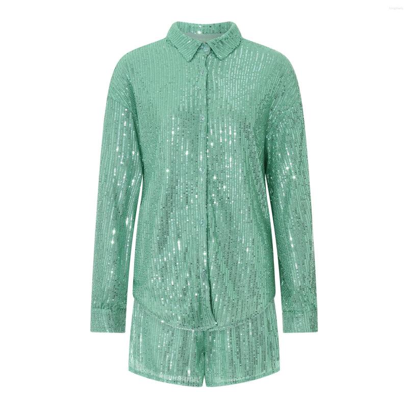 

Women' Tracksuits Puloru Shiny Sequins 2Pieces Shirts Shorts Sets Women' Casual Streetwear Outfits Long Sleeve Button Up Shirt High, Blue shirts