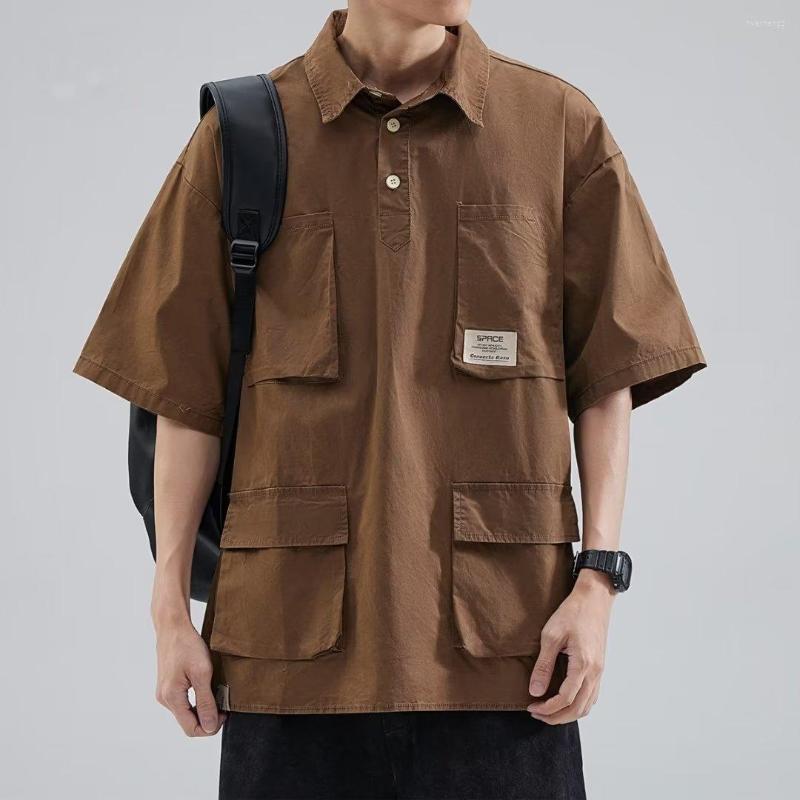 

Men's Casual Shirts Summer American Retro Tooling Shirt Male Top Men's Loose Large Size Polo Short-sleeved Lapel T-shirt Blouses Men, Dark brown