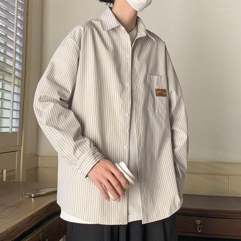 

Men's Casual Shirts Men Stripes Long Sleeve Comfortable Blouses Pocket 2023 Spring Autumn Loose Single Breasted Male Vintage Shirt, Khaki stripes