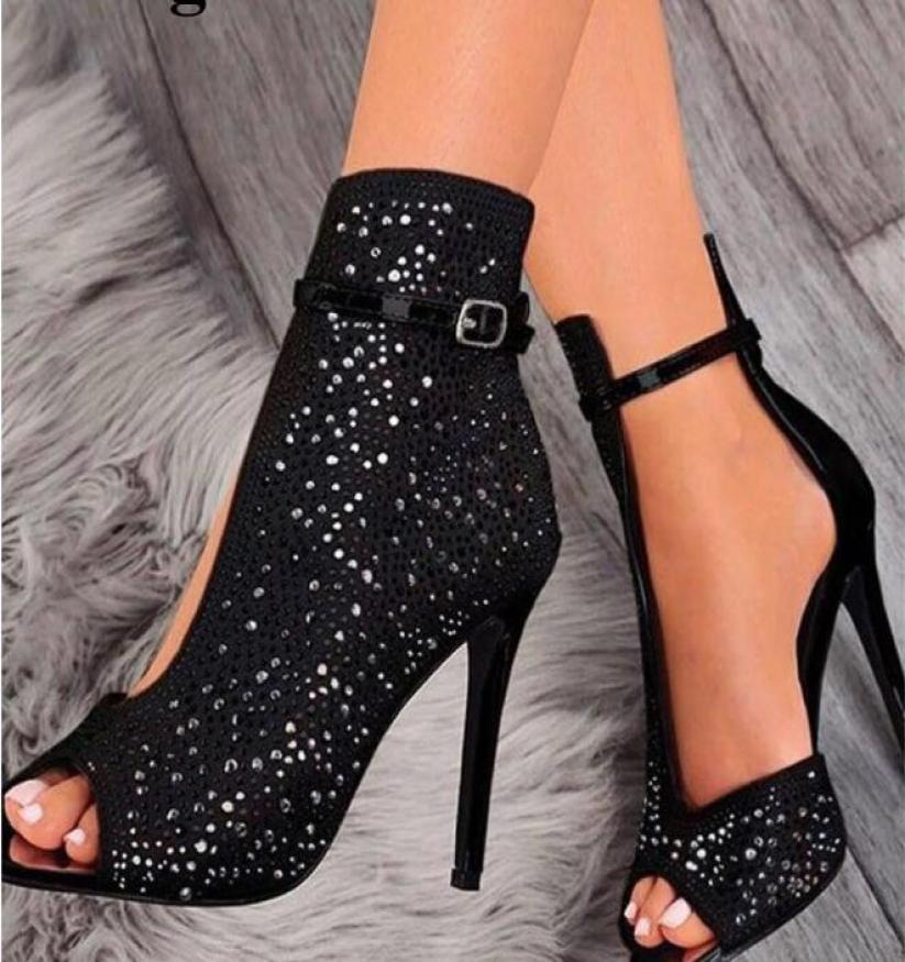 

Fashion Black Diamond Rhinestone Sandals Ankle Summer Booties High heeled Summer Sandals6645893