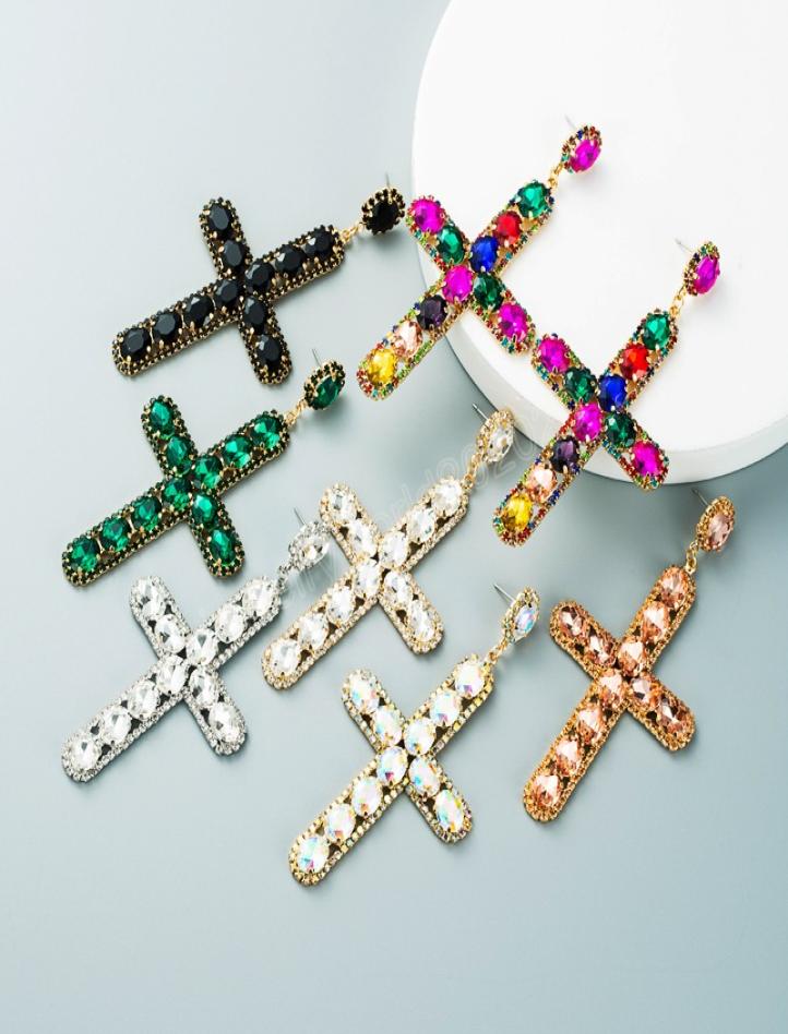 

Luxury Colorful Crystal Cross Dangle Earrings Vintage Sparkly Rhinestone Statement Drop Earrings Female Party Jewelry9082773