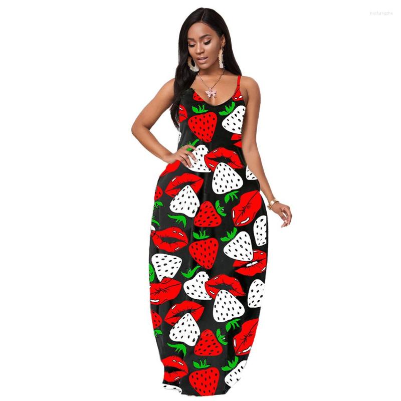 

Casual Dresses Woman Summer Sexy Deep V Dress Black Oversized Suspender Lip Strawberry Y2k Vintage High Waist Costume Off Shoudler 2023