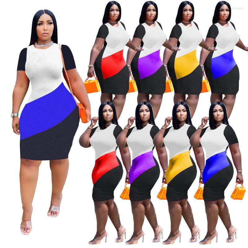 

Party Dresses Contrast Colors Women T Shirt Dress Summer Patchwork Short Sleeves O Neck Simple Sexy Bodycon Casual Sport Nightclub, Blue