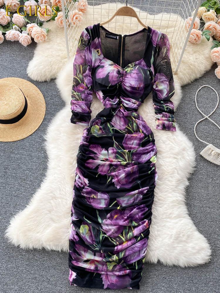 

Casual Dresses E GIRLS Autumn Women Floral Draped Sheath Long Dress Sexy Square Collar Sleeve Zipper High Waist Bodycon Vestidos Female, Black