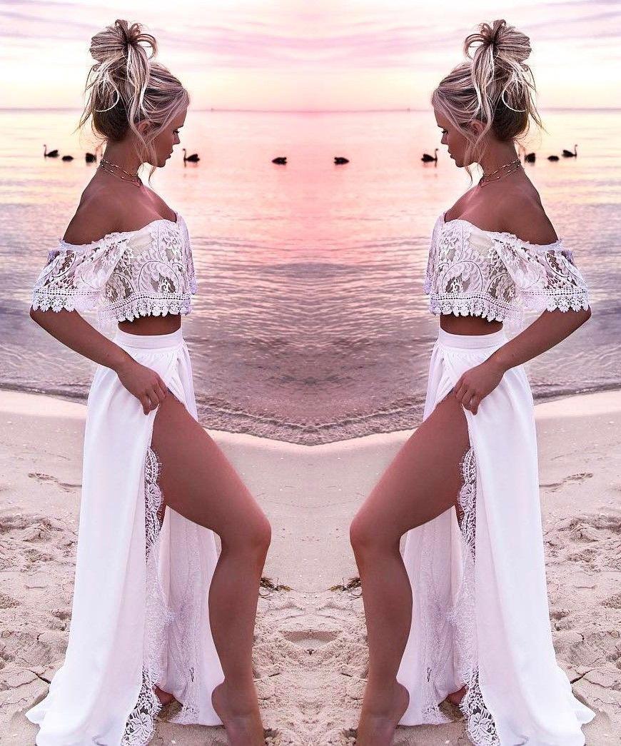 

Dresses 2019 White Dress Twopiece Set Maxi Dress Vestido Sexy Lace One Shoulder Split Floorlength Vestido Party Dress