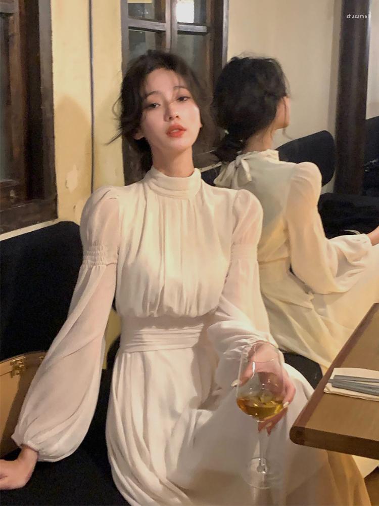 

Casual Dresses Spring Turtleneck White Midi Dress Women Long Sleeve French Elegant One Piece Korean Fashion Y2k Clothing Design, Grey and green