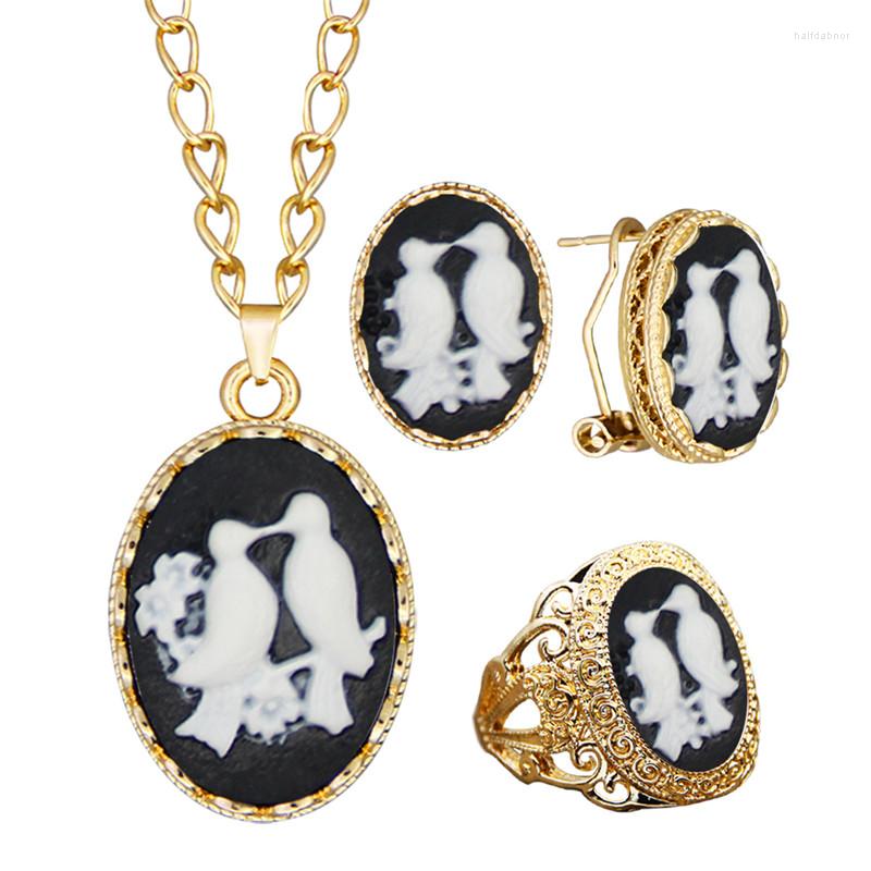 

Necklace Earrings Set Oval Cute Doves Cameo Sets For Women Gold Color Resin Bird Earring Ring Fashion Jewelry, Picture shown