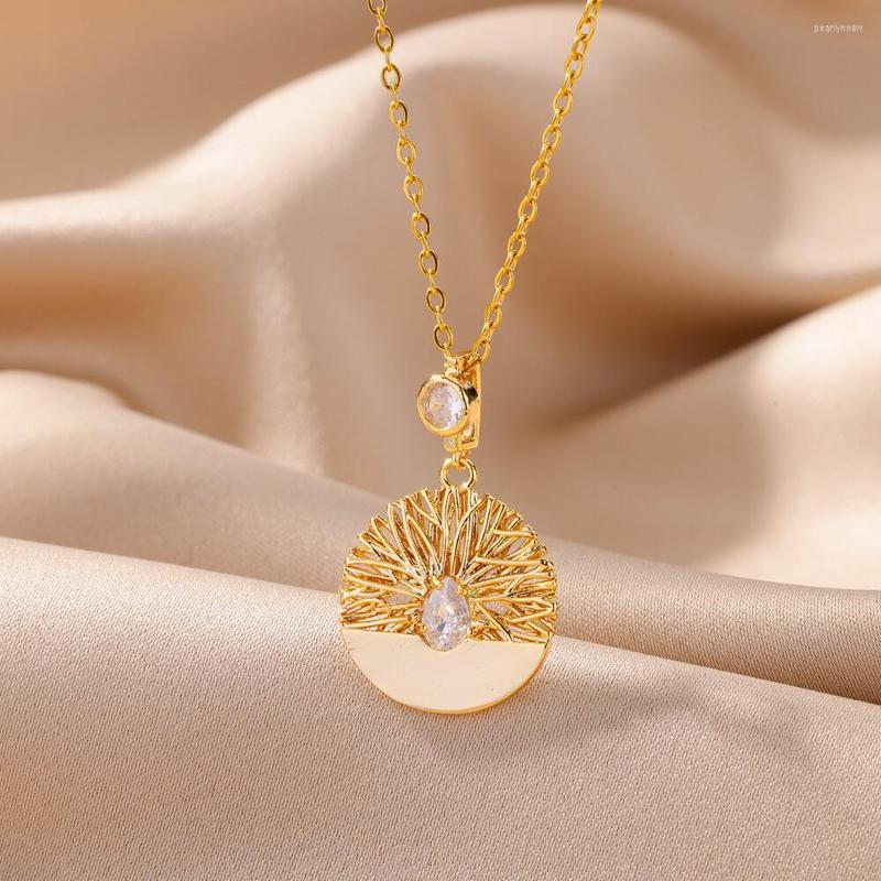 

Chains Stainless Steel Gold Color Necklace For Women Fashion Copper Zircon Circular Coral Chain Jewelry Set Party Wedding Gift