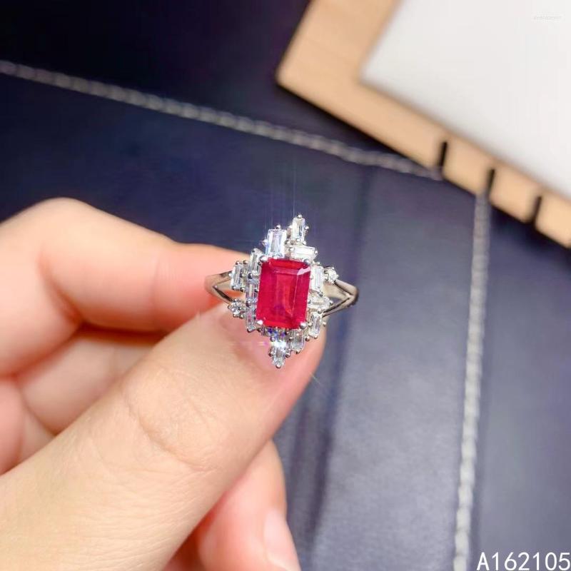 

Cluster Rings 925 Pure Silver Chinese Style Natural Ruby Women's Luxury Elegant Rectangle Adjustable Gemstone Ring Fine Jewelry Support