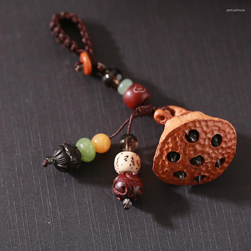 

Keychains Vintage Natural Wood Beads Craft Key Chain Lotus Charms Pendant Chains With Stone For Women Men Hanging Accessories