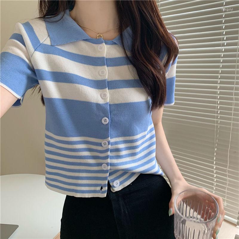 

Women's Knits Short Sleeve All Match Y2k Women Korean Female Casual T Shirt Basic Clothing Streetwear Tops Turn Down Collar Chic Ins Sexy