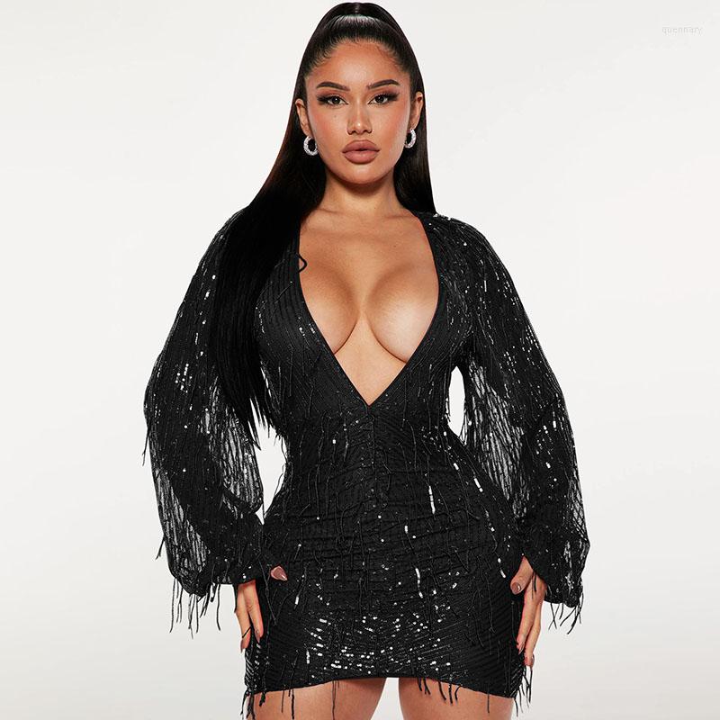 

Casual Dresses Sexy Luxury Sequins Tassel Birthday Dress For Women Night Club Party Elegant Deep V-neck Long Sleeve Mini Vestidos, Black