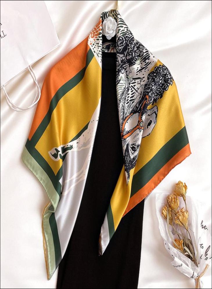 

Satin Scarf For Hair Ladies Silk Scarf Female Silk Hand Sewn Edges Scarfs 90 Horse Print Foulard Luxe8413532