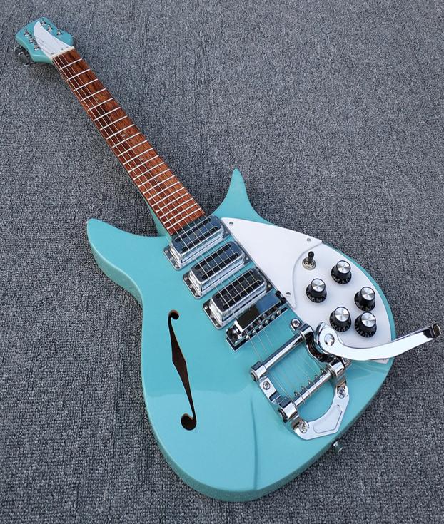 

Custom John Lennon 325 RIC Short Scale 527 MM Semi Hollow Light Green Electric Guitar 3 Pickups Single F Hole Lacquer Painted Fi7730430