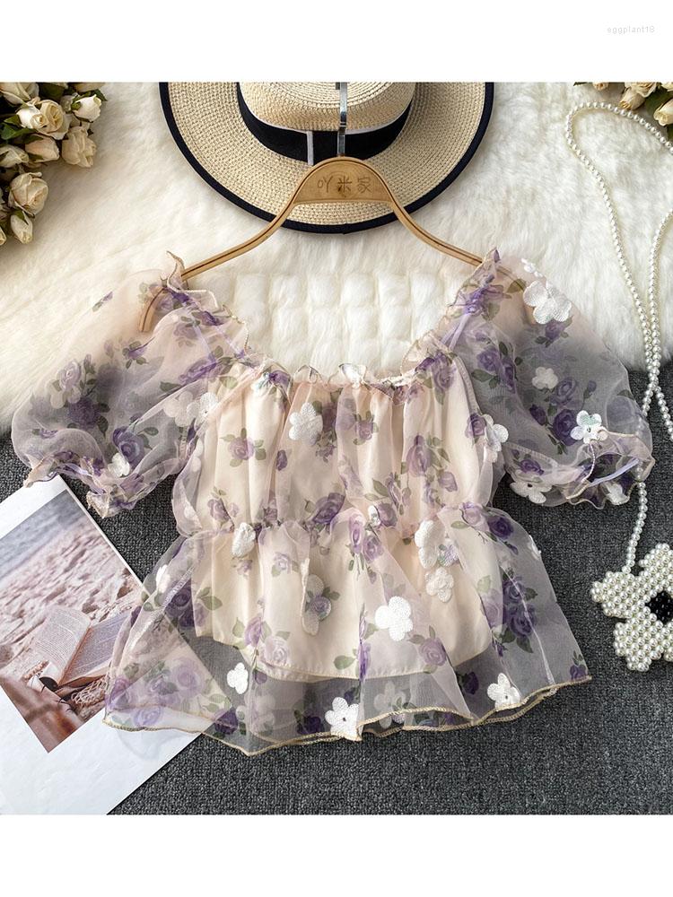 

Women's Blouses Women Summer Blouse Off Shoulder Bubble Sleeve Floral Shirt French Niche Sweet And Spicy Chic Organza Chiffon D3902, Pink