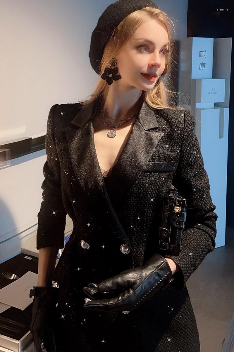 

Women' Suits Dabuwawa Spring Autumn Beaded Blazer Women Hepburn Style Tweed Patchwork Jackets Coat Black Suit Jacket 2023 DF1DOT004
