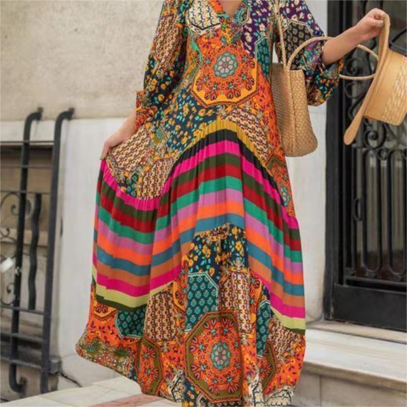 

Dresses 2022 Summer Women Dress Printing Large Swing Ultralong Ethnic Style Females Dress Pleated Temperament Fashion Long Skirt, Multicolor
