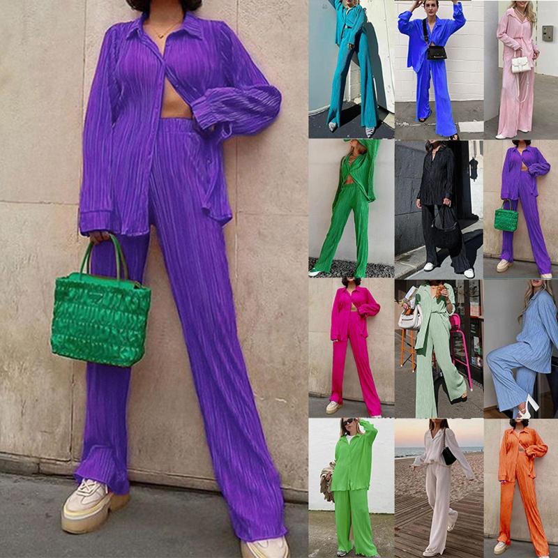 

Women' Two Piece Pants Spring Summer Pant Sets Womens Button Long Sleeves Shirts Straight Women Outfits Streetwear Club Elegant Suits, Black