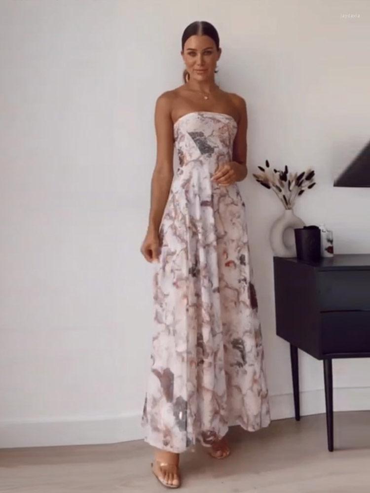 

Casual Dresses Women Fashion Print Strapless Dress 2023 Summer Elegant Backless Sweet A-line Maxi Lady Chic Party Club Vestidos