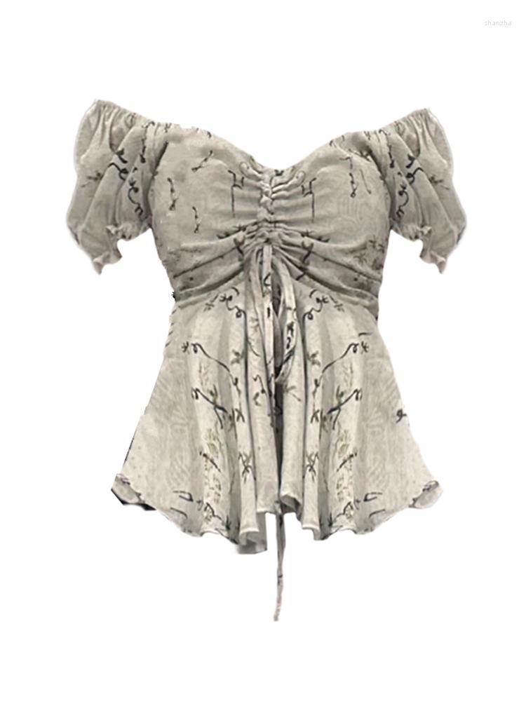 

Women' Blouses Summer Women Short Puff Sleeve Shirts Korean Fashion Vintage Mori Girl Tops Draped Design Classical 2000s Aesthetic, Grey