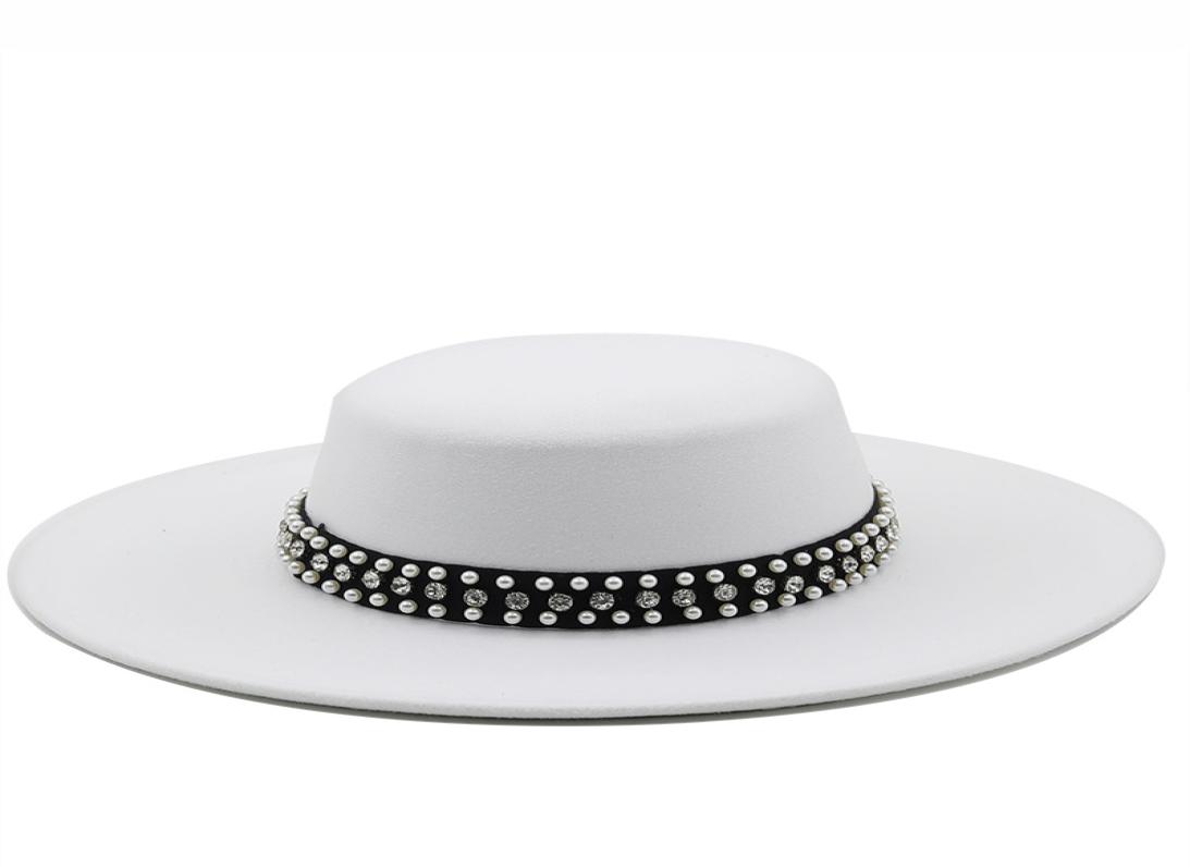 

Large Wide Brim Faux Wool Pork Pie Boater Flat Top Fedora Hat with Rivet Pearls Black White Party Panama Trilby Cowboy Cap5548593, Beige