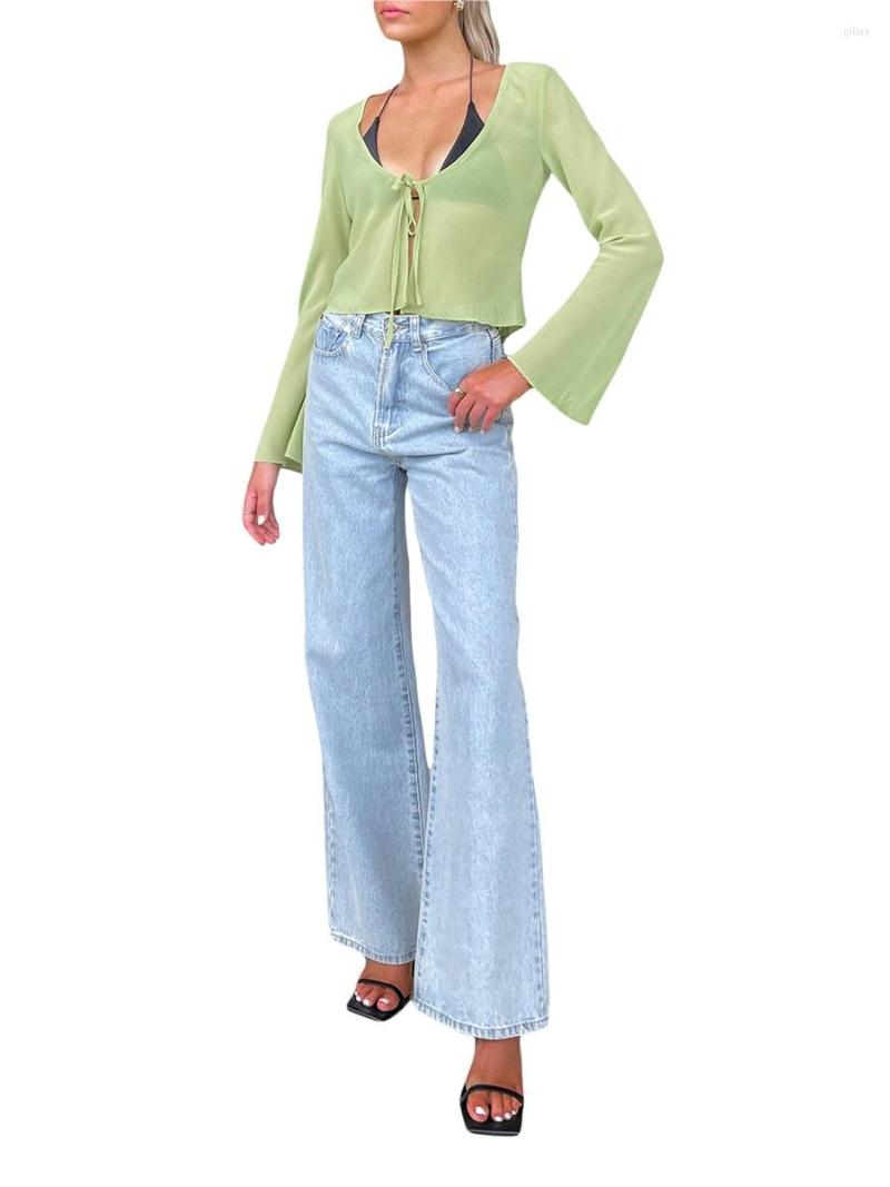 

Women' Tanks Kimydreama Women Summer Casual Sheer Cardigan Long Sleeve Low Cut See-through Tie Up Crop T-shirts Tops Streetwear, Green