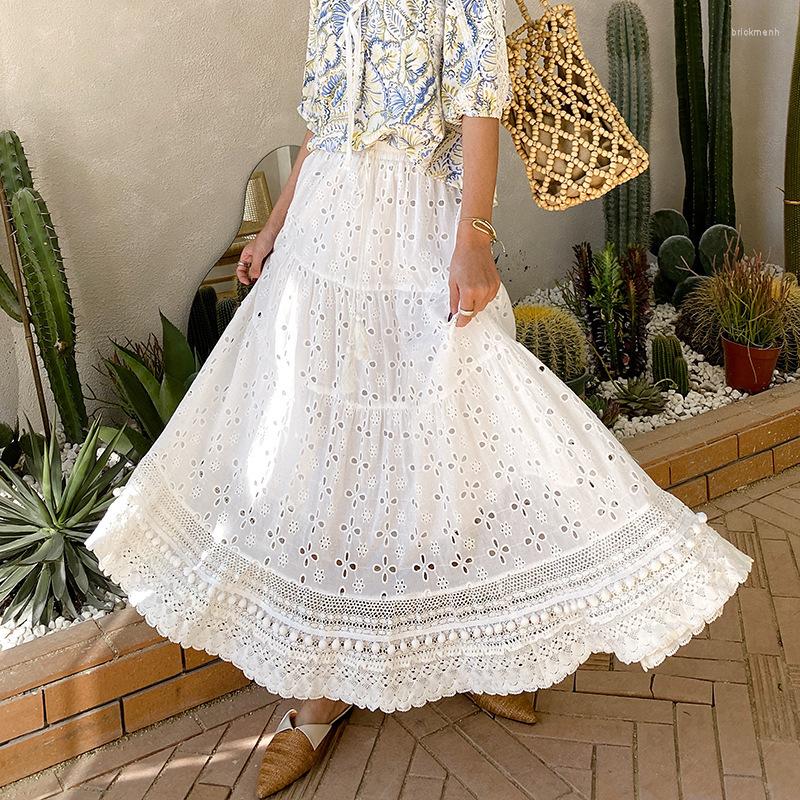 

Skirts 2023 Spring And Summer Slimming All-match Skirt High Waist A-line Long Hollow White Holiday Beach, Beige